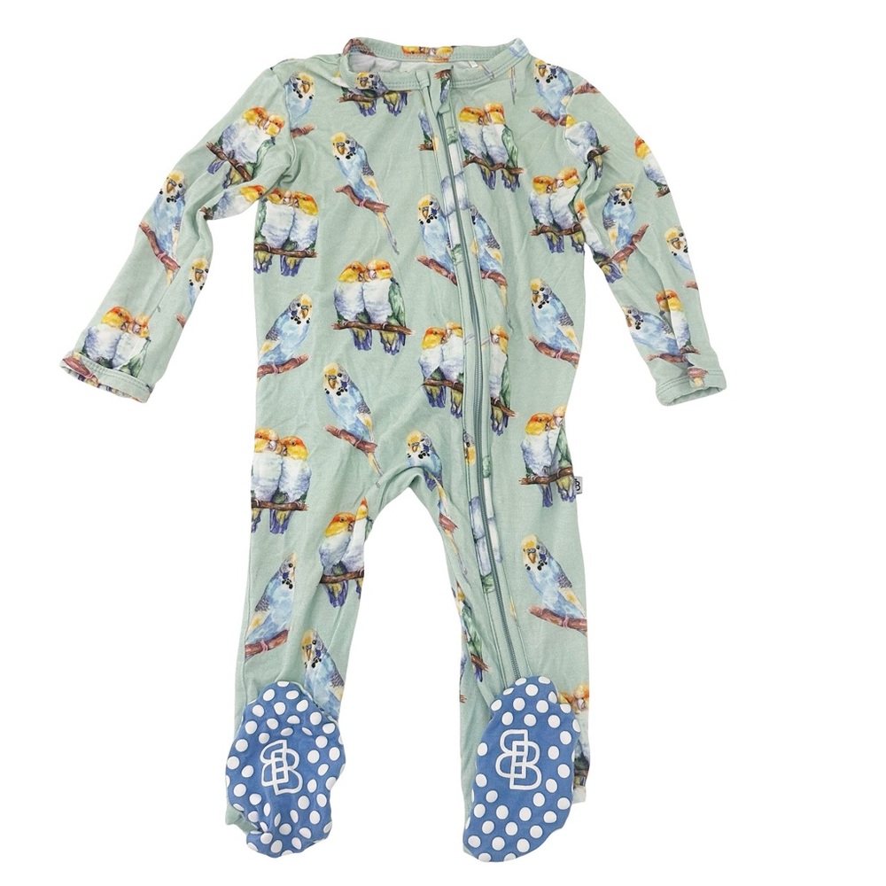 Little Bum Bums Zipper Bamboo Footie Pajamas Green Blue Parakeet Lovebirds 6-9M